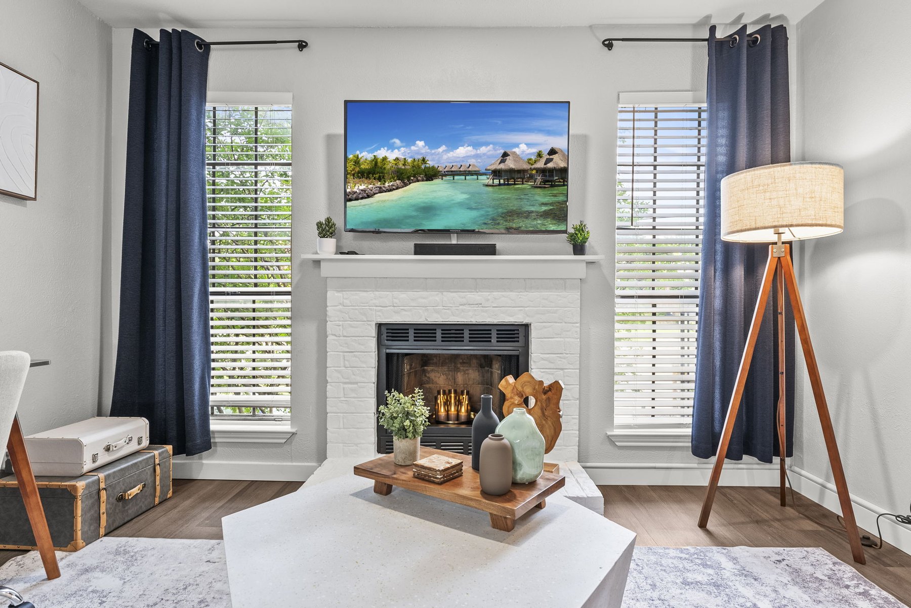 Fireplace and Smart TV at The Modern Boho